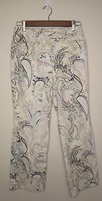 Peck & Peck Pants Women's Sz 4P Cream Multicolor Paisley Print Ankle Embellished • $6.99