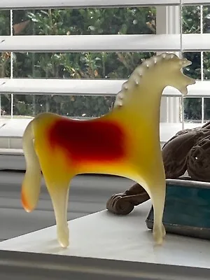 Vintage Frosted Art Glass Grecian HORSE Figurine Orange & Yellow Hand Blown • $19.54