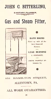 John C Bitterling Sanitary Plumber Gas & Steam Fitter ALLENTOWN PA  1895 • $19.99