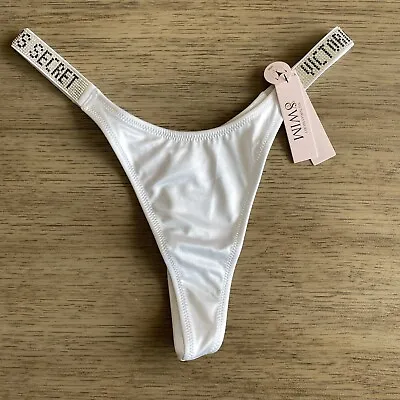 Victoria's Secret Brazilian Bikini Bottom Thong Shine Strap VS Logo White Small • $26.99