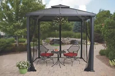 8'x8' Luxury Outdoor Gazebo Patio Steel Hard Top Curtains Netting Black • $567.99