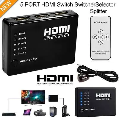 5 Port HDMI Switch Splitter 1080P Switcher Hub For HDTV DVD PS3 + IR Remote • £14.69