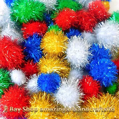 Glitter Pom Poms Crafts Pack Size 30 Assorted Colours And Sizes Kids Crafts • £3.75