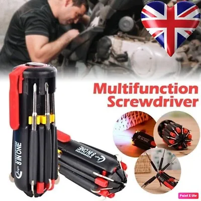 8 In 1 Multi Portable Screwdriver With 6 LED Torch Tools Light Up Flashlight UK • £9.99