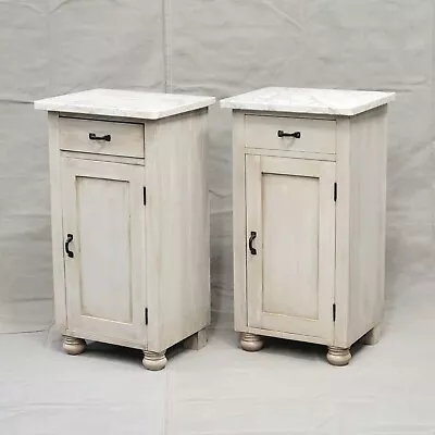 Pair Of Vintage Painted Pine Nightstands With Carrera Marble Tops • $1165