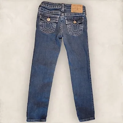 True Religion Jeans Girls Size 7 Blue Denim Medium Wash Pockets Logo Skinny Leg • $16.17