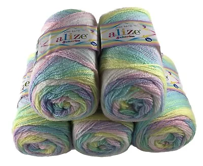 Alize Rainbow Wool Pack 5 X 100g Sekerim Bebe Batik Yarn Crochet DK Acrylic 2132 • £16