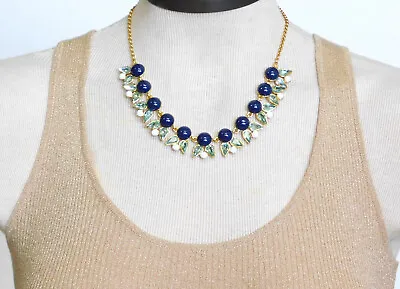 J.Crew Simply Elegant Bead And Crystal Statement Necklace - Gold Blue White • $18