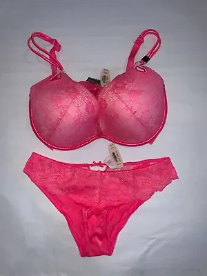 Victoria's Secret 36DD Pushup Bra  Small Panty -Hot Pink And Lace - NWT • $34.99
