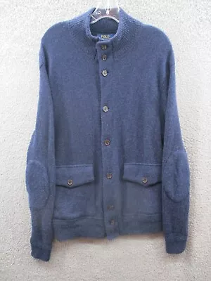 Ralph Lauren Cardigan Sweater Mens Large Blue Wool Cashmere Blend Elbow Patch • $94.90