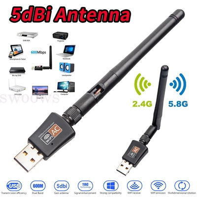 $13.18 • Buy 5dBi Antenna 802.11ac AC600 USB WiFi Wireless Adapter Dongle WPS 5GHz Dual Band