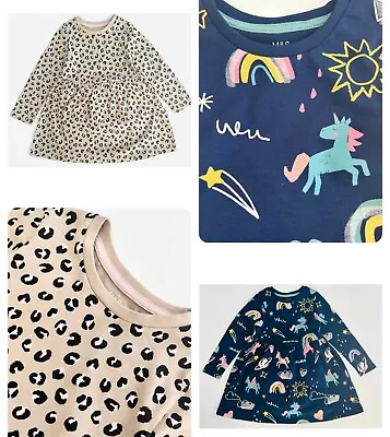 Girls Ex M*S Cotton Dress Navy Rainbow Unicorn Animal Long Sleeved Soft Skater • £5.95