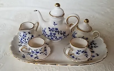 Vintage 10 Piece Miniature Tea Set For Two W/Tray Blue White Design Gold Rims • $29.99