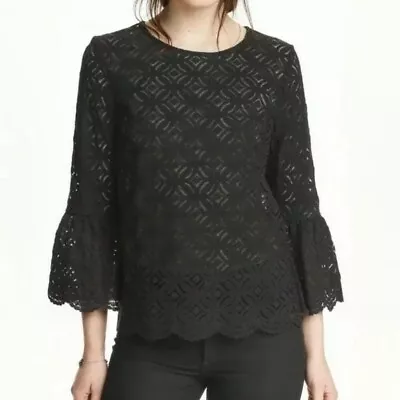 H&M Lace 3/4 Bell Sleeve Top Womens Size Small Black Keyhole Scalloped Sheer  • $14.95