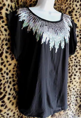 MM COUTURE Black Silk Sequin Scoop Neck Top Sz M Chic Twist At Back Lined Blouse • $18.95