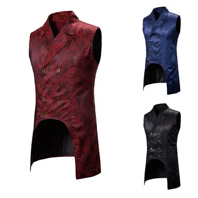 Men Waistcoat Gothic Steampunk Double Breasted Lapel Brocade Vest Sleeveless Top • $34.99