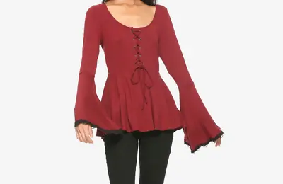 Gothic Wine Lace Skull Back Bell Sleeve Peplum Top Shirt Md Wiccan Punk Medieval • $38.99