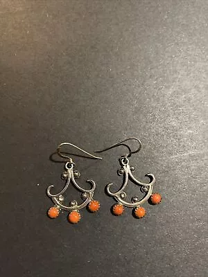 Vintage Native American Coral Sterling Silver Dangle Earrings • $49.99