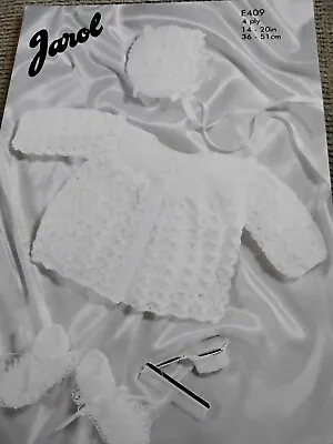Jarol Knitting Pattern No. E409. Baby Matinee Set. 4 Ply Yarn. 14-20 Inch Chest • £1.29