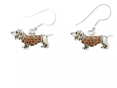 Dachshund Weenie Dog Breed Brown Crystal Silver Wire Hook Earrings Jewelry • $19.49