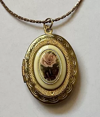 Mother's Day Vintage Locket Photo Pink Rose Elegant Brass Pendant Necklace 18  • $16.95