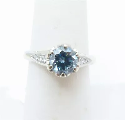 14k White Gold ~6.3mm Round Moissanite & ~1/10CTW Diamond Ring Size 6.5 • $245