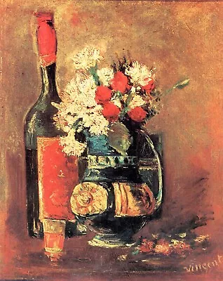 Vase Of White Carnations And Rose And Bottle By Van Gogh Giclee Repro On Canvas • $49.95