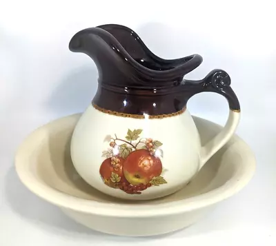 McCoy USA Pottery Pitcher Bowl Set 7515 Brown Cream Fruit Nut Pattern Vintage • $45.99