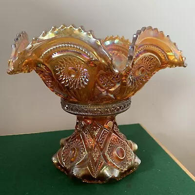 Imperial Marigold Fashion Hobstar Carnival Glass Punch Bowl & Pedestal Stand • £50