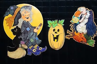 Vintage Halloween Die Cut Out Decorations Hallmark Witch Pumpkin Laminated Fall • $9.21