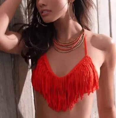 NWOT L Space L*Space Audrey Fringe Halter Bikini Top XS Coachella Swim Paprika • $9.99