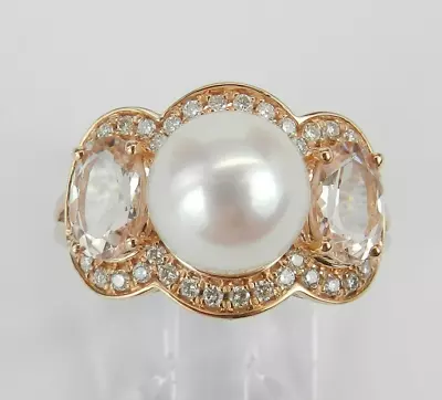 14K Rose Gold Diamond Morganite And Pearl Engagement Ring Size 6.75 Three Stone  • $1089