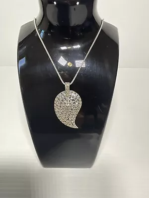 Vintage Marcasite Large Leaf Necklace 925 Sterling Silver + 925 Chain • $49