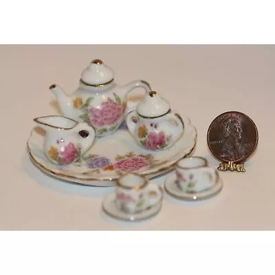 Dollhouse Miniature Oversize Pink And Blue Floral Design Tea Set Service For 2 • $9.99