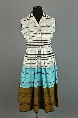 VTG 50s White Blue & Green Striped Shirtwaist Dress Sz M/L 1950s Mode O' Day • $89.99