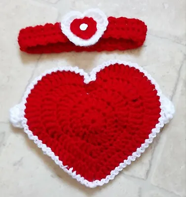 Cute Hand Crochet Waist Heart & Headband Set 0-3mth Baby Photo Gift Shower NEW ❤ • £4.99