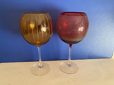 Mikasa Balloon Wine Cheers Goblets (2) Red & Amber Stripe 9  Tall • $20