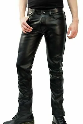 Mens 5 POCKETS Biker Jeans Real Black Casual Lambskin Leather Levi's Style Pants • $98.99