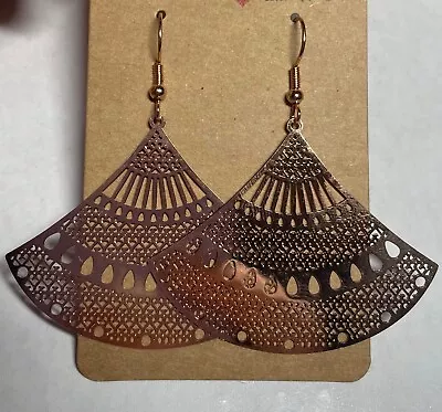 HANDMADE Rose Gold Plated Rounded Fan Laser Cut Hook Earrings • $11.95