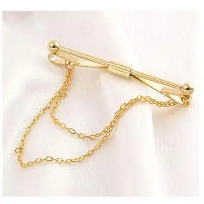 Mens Neck Tie Shirt Pin Tie 5.5 Cm Bar Silver Gold Collar Clip Clasp With Chain • £4.89