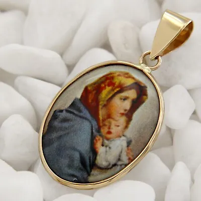 14k Real Yellow GOLD Blessed Mother Virgin Mary Madonna And Child Pendant Medal • $189