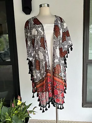 Black Orange Red Kimono Caftan Cover Up With Fringe New With Tags Tribal Boho M • $12.99