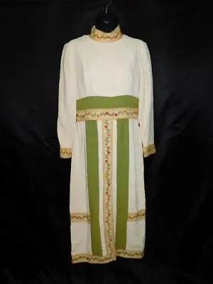 Vintage 60s Sandine S Cream White Green Orange Floral Maxi Dress Ethnic Hippie S • $39.99