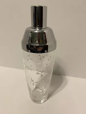 Vintage MCM Martini Glass Shaker Clear White Abstract Designs Removeable Lid • $35