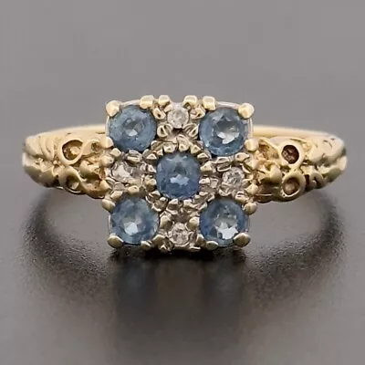 9ct Yellow Gold Sapphire & Diamond Cluster Ring Size N 1/2 Hallmarked • £200