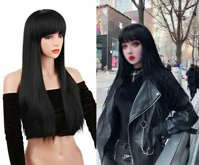 Womens Long Black Synthetic Heat Resistant Straight Hair Full Wig Fashion Wigs • £9.89