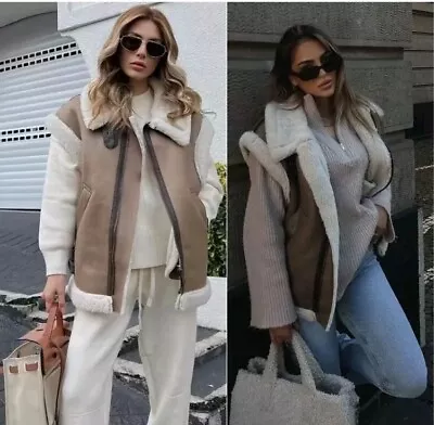 Zara Double-faced Size Xl Shearling Fur Vest Waistcoat Aviator Jacket Coat  • $165.24