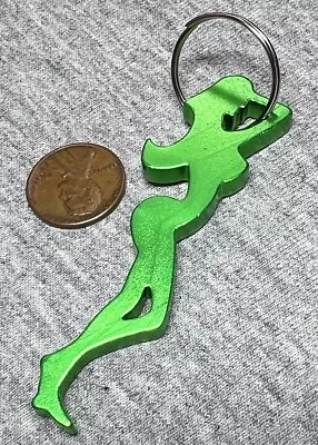 Vintage TRUCKER GIRL (Naked Silhouette) ALUMINUM BOTTLE OPENER KEYCHAIN - GREEN • $4.99