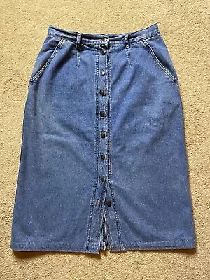 Women's Vintage 1990s Russ Sport Blue Jean Cotton Denim Midi Button Up Skirt 12 • $24.99