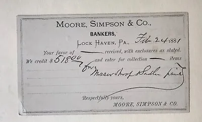 1881 Postcard Moore Simpson & Co. Bankers Lock Haven Pennsylvania • $5.99